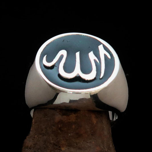 Excellent crafted Men's Muslim Ring Green Allah Symbol - Sterling Silver-0