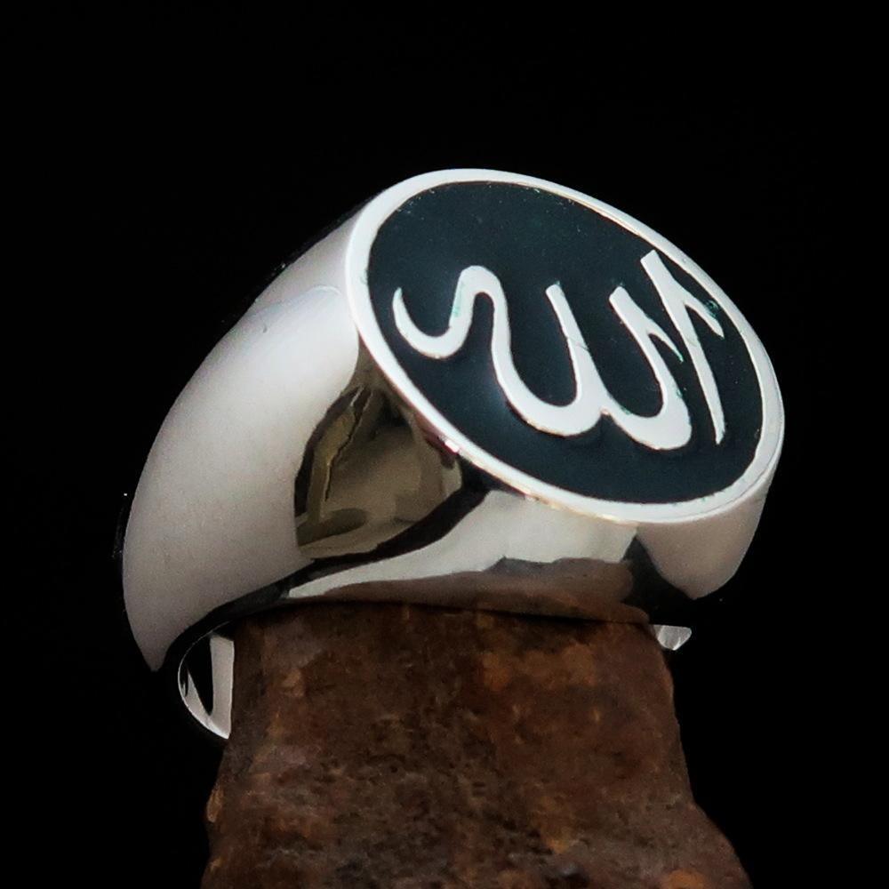Excellent crafted Men's Muslim Ring Green Allah Symbol - Sterling Silver-1