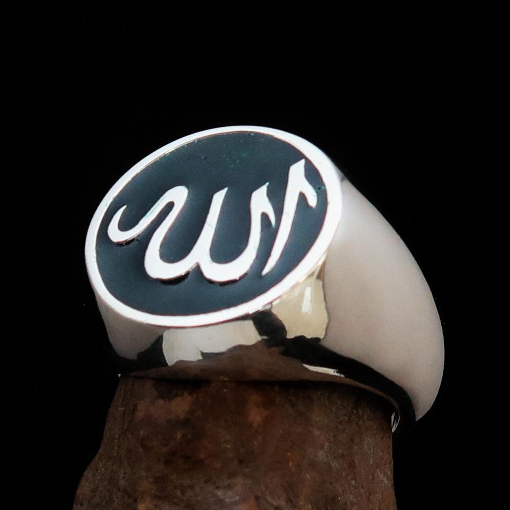 Excellent crafted Men's Muslim Ring Green Allah Symbol - Sterling Silver-4