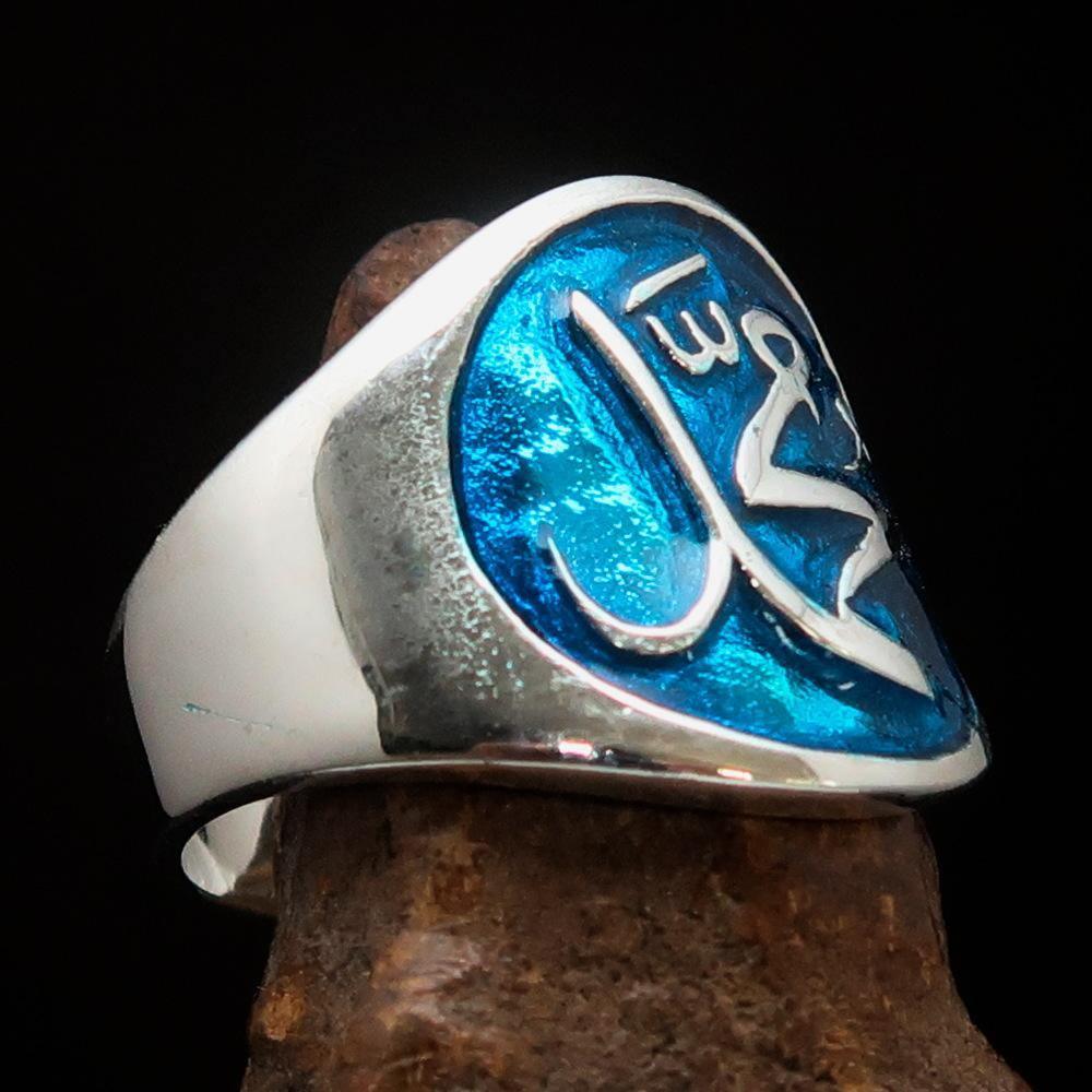 Excellent crafted Men's blue Muhammad Muslim Ring - Sterling Silver-1