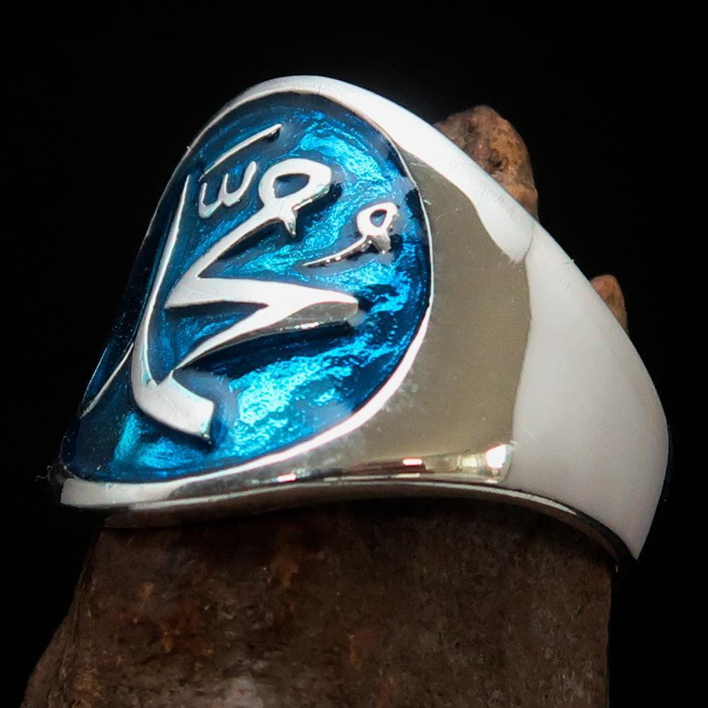 Excellent crafted Men's blue Muhammad Muslim Ring - Sterling Silver-4