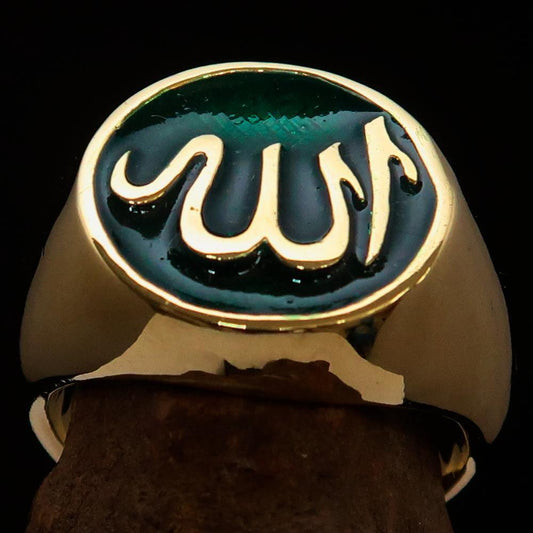 Excellent crafted Men's Muslim Ring Green Allah Symbol - solid Brass-1