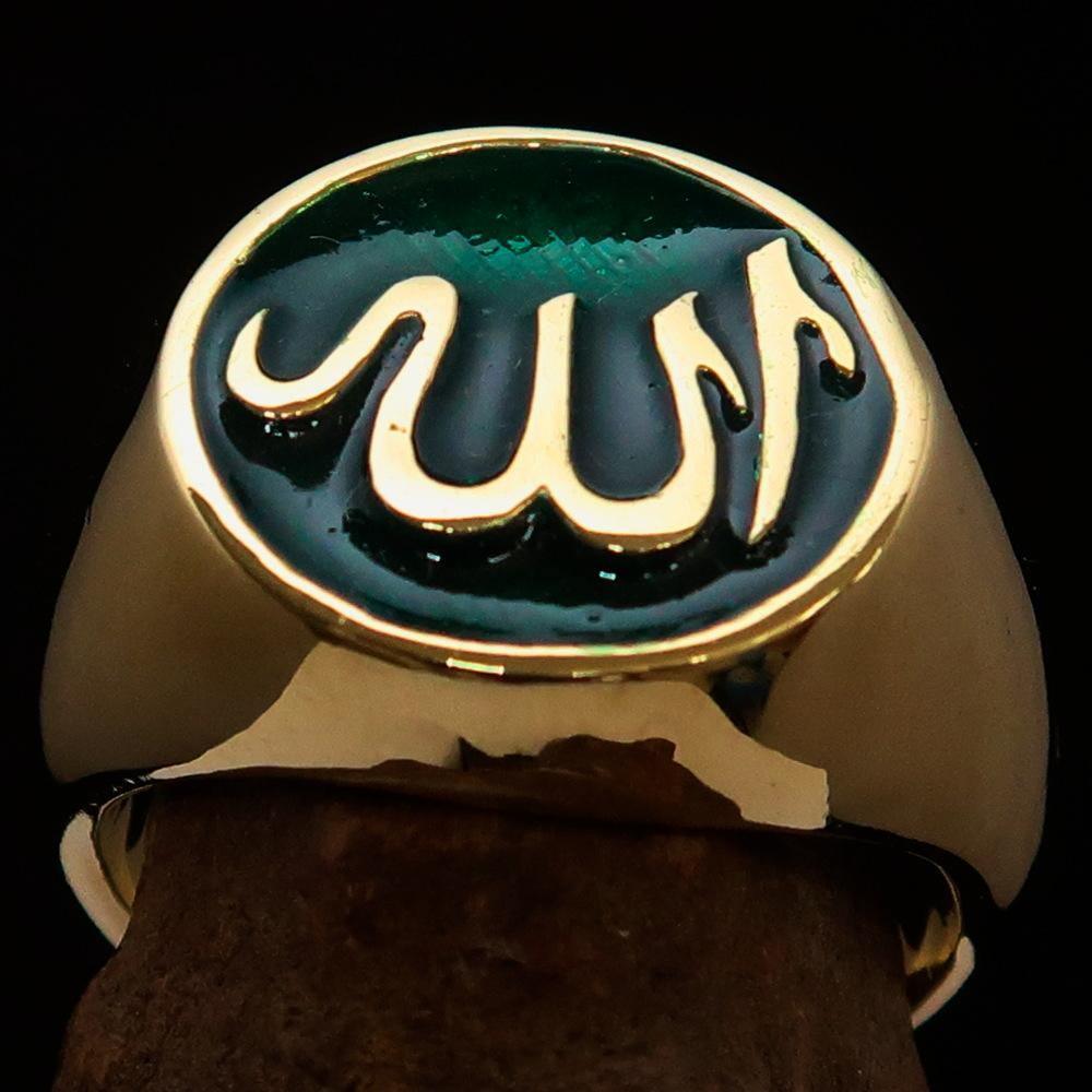 Excellent crafted Men's Muslim Ring Green Allah Symbol - solid Brass-1