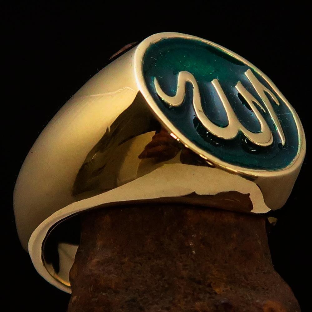 Excellent crafted Men's Muslim Ring Green Allah Symbol - solid Brass-2