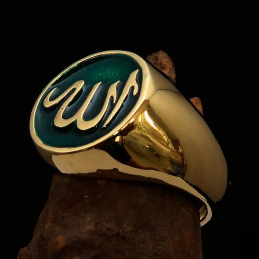 Excellent crafted Men's Muslim Ring Green Allah Symbol - solid Brass-0