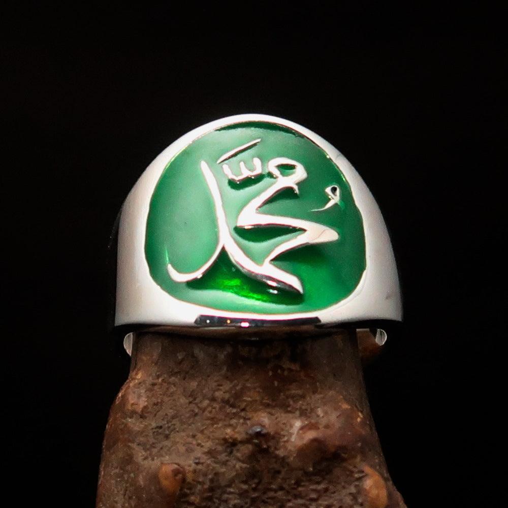 Excellent crafted Men's green Muhammad Muslim Ring - Sterling Silver-1