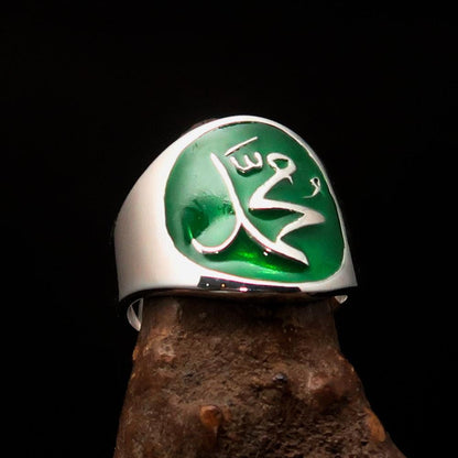 Excellent crafted Men's green Muhammad Muslim Ring - Sterling Silver-0