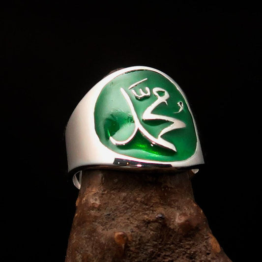 Excellent crafted Men's green Muhammad Muslim Ring - Sterling Silver-0